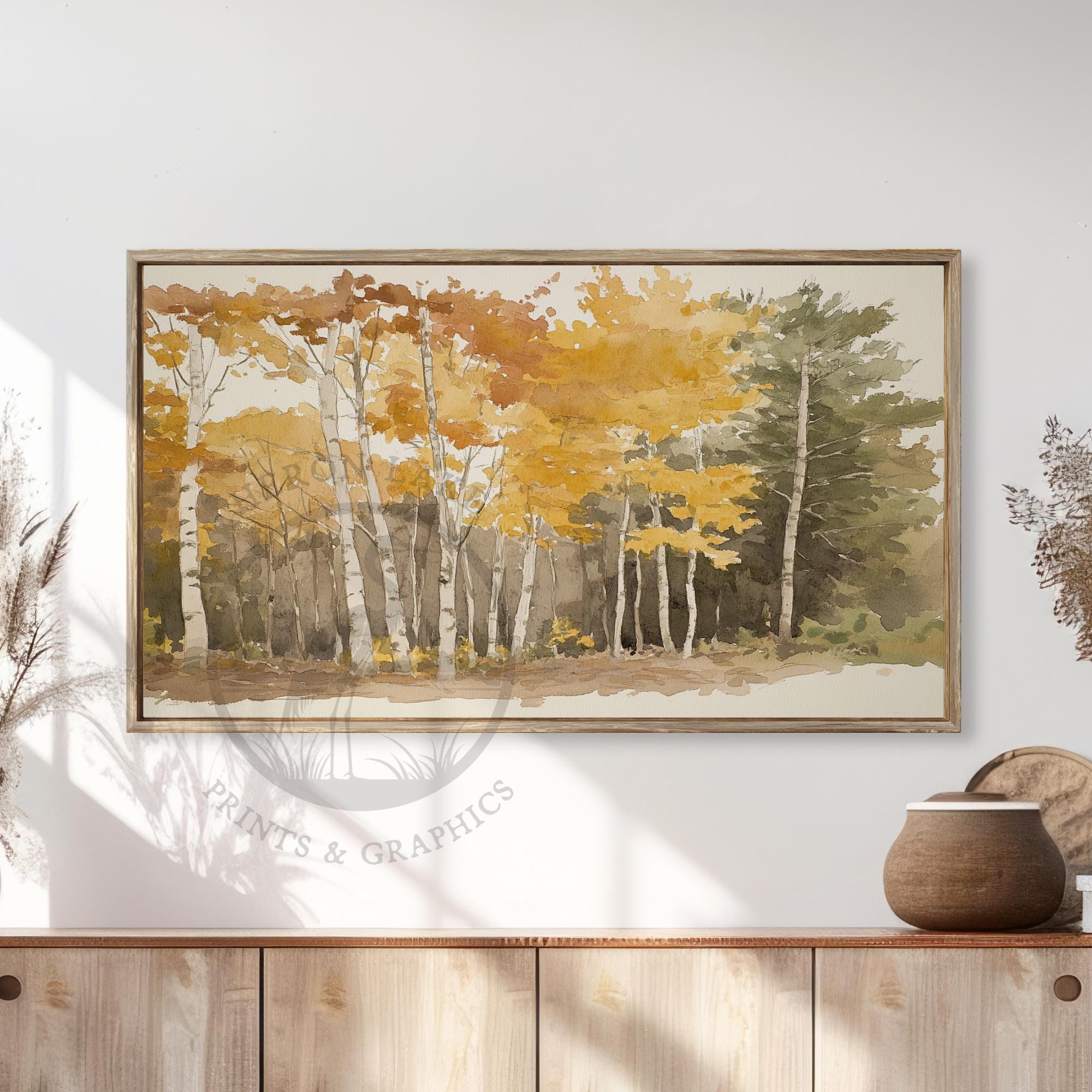 秋の白樺林の水彩画（テレビ用）（デジタルダウンロード） - Etsy 日本