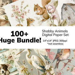 100+ sfondi dipinti ANIMALI floreali shabby, digitali, carte quadrate, pagine di diario, album di ritagli, cartoline, regali, uso commerciale, JPEG