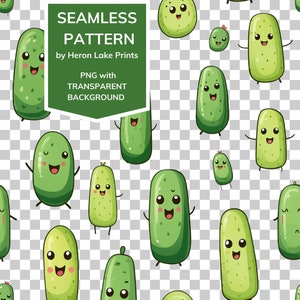 PNG Kawaii Concombre Pickles Seamless Repeat Pattern Tile avec fond transparent, 12 x 12 pouces à 300ppi, Sublimation, Crafts Tumblers