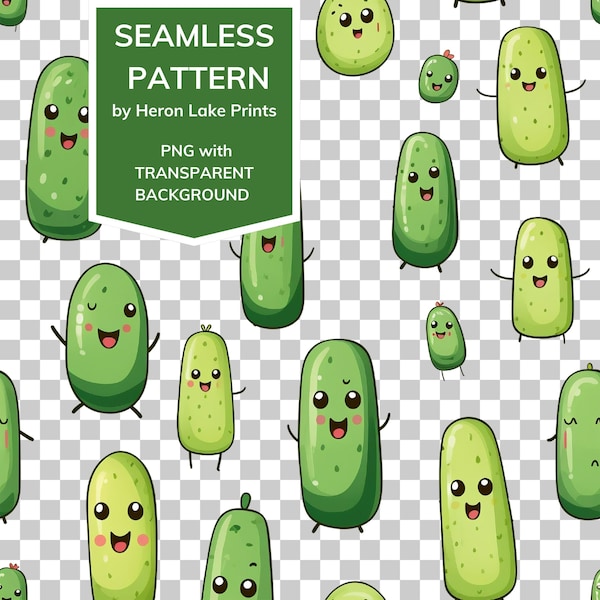 PNG Kawaii Cucumber Pickles Seamless Repeat Pattern Tile with Transparent Background, 12 x 12 inches at 300ppi, Sublimation, Crafts Tumblers