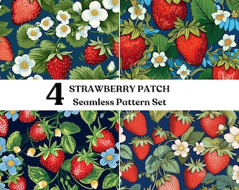 4 motivi senza soluzione di continuità con fragole: carta digitale di frutta estiva (JPEG)