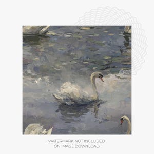 Puede incluir: Una pintura impresionista de cisnes en un lago. La obra presenta varios cisnes blancos con picos y cuellos negros, nadando en un cuerpo de agua con nenúfares. La paleta de colores está dominada por azules, verdes y blancos.