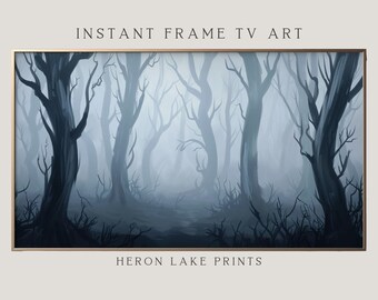 Samsung Frame Tv Art, Misty Spooky Blue Forest, Mystical Forest Illustration, Moody Wall Art,Bare Trees, Fog in the Woods