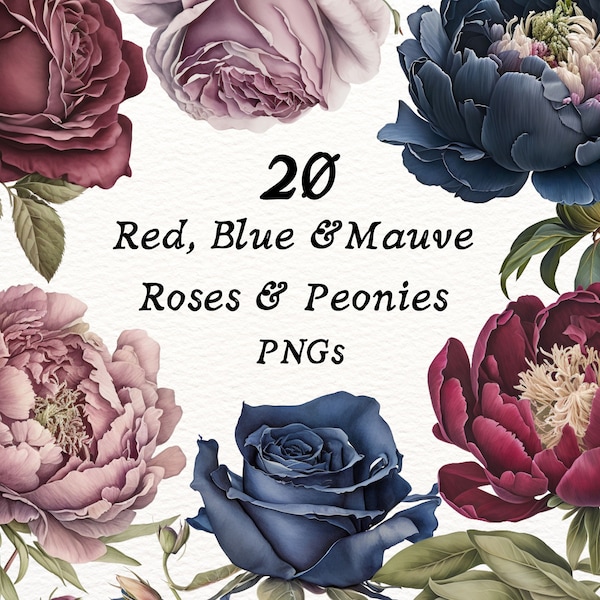 Red, Navy Blue and Mauve Roses and Peonies PNG Clip Art Clipart, 20 PNGs, Victorian Shabby Vintage Florals, Scrapbooking, Junk Journals