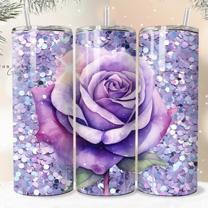 Lila Blume Blumen Glitter Tumbler Wrap PNG 20 Unze Gerade Becher Sublimation PNG Sofortiger Download Nahtlos Digital