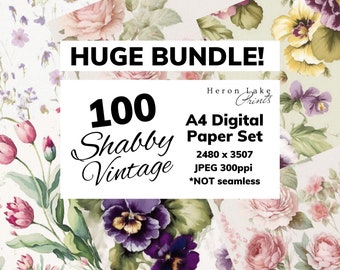 100 Shabby Floral Painted Backgrounds. A4 Size,  DIgital Papers, Journal Pages, Scrapbooks, Cards, Gifts, Commercial Use, JPEG