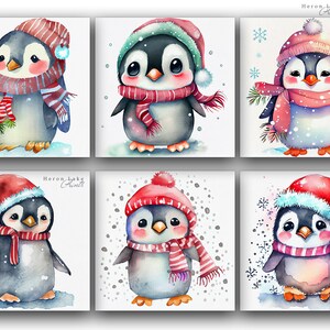 Six Square Watercolor Christmas Penguins Wall Art Gallery Set | Cozy and Cute | Print up to 30 inches x 30 inches | Digital Prints