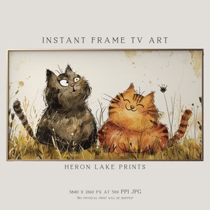 May include: Two cartoon cats, one gray and one orange, are sitting in a field of tall grass. The gray cat is looking to the right, while the orange cat is looking straight ahead. Both cats have big smiles on their faces.