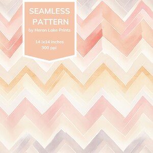 May include: A seamless pattern featuring a chevron design in shades of pink, peach, and beige. The pattern is 14 inches by 14 inches and 300 pixels per inch. The text "SEAMLESS PATTERN by Heron Lake Prints" is in a white box on a peach background.