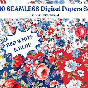 40 rote, weiße und blaue Shabby Blumen, Streifen, Tupfen, NAHTLOSE Musterfliesen für patriotisches Kunsthandwerk, Karten, Junk Journals, Stoff und mehr!