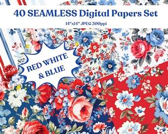 40 Red, White & Blue Shabby Floral, Stripes, Polka Dots, SEAMLESS Pattern Tiles for Patriotic Crafts, Cards, Junk Journals, Fabric and more!