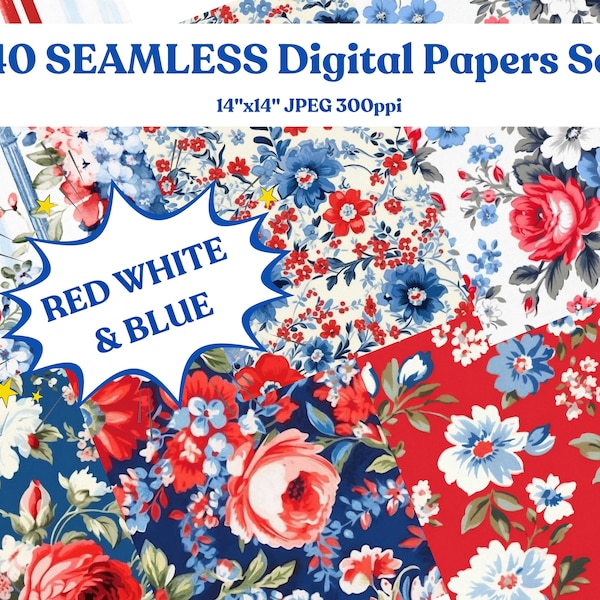 40 Red, White & Blue Shabby Floral, Stripes, Polka Dots, SEAMLESS Pattern Tiles for Patriotic Crafts, Cards, Junk Journals, Fabric and more!