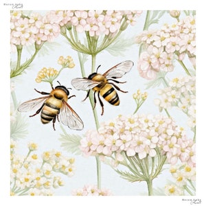 May include: Two bees with yellow and black stripes fly near white and pink flowers with green stems on a light blue background.
