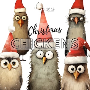 5 Weihnachtshühner Clipart in den Formaten SVG, PDF, Eps, Ai und PNG, für Print on Demand, Basteln, Geschenke, Holiday Chicken Grafiken