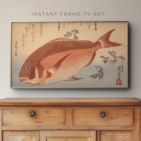 Orange Fish Woodblock Print: Vintage Japanese Art for Frame TV