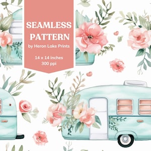 Puede incluir: Patrón sin costuras con una autocaravana vintage azul verdoso con molduras y ventanas blancas, rodeada de flores rosas y crema y follaje verde en acuarela. El texto "SEAMLESS PATTERN by Heron Lake Prints 14 x 14 inches 300 ppi" se muestra en un rectángulo rosa.