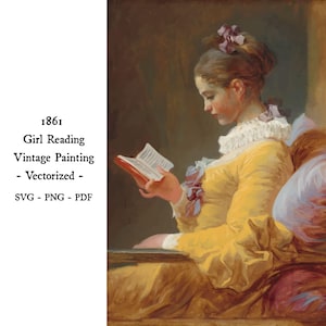May include: A vintage painting titled "Girl Reading" from 1861. The artwork depicts a person in a yellow dress reading a book. The image includes the text "Vectorized" and file type options: SVG, PNG, and PDF.
