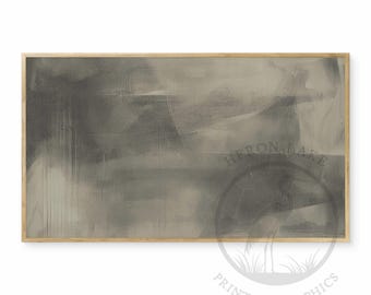 May include: Abstract painting with a gray and white color scheme. The painting has a textured look, as if it were painted with a brush. The painting is framed in a light wood frame.
