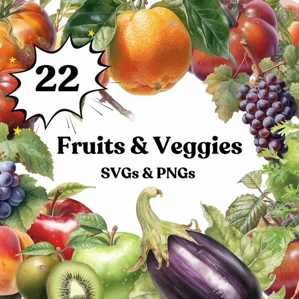 22 Fruits & Veggies Clipart Set, SVG-PNG,Scrapbooking, Crafts, Pattern Making, Web Graphics, Magazine Graphics, Tumbler Wraps, Printable Art