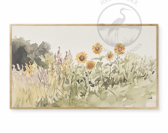 Watercolor Sunflower Garden Scene: Neutral Tone TV Art (Digital Download)