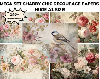 140+ Shabby Chic Flower Floral Decoupage Modpodge A1 Size Digital Papers HUGE Prints Scrapbooking Junk Journals Wall Art Crafting