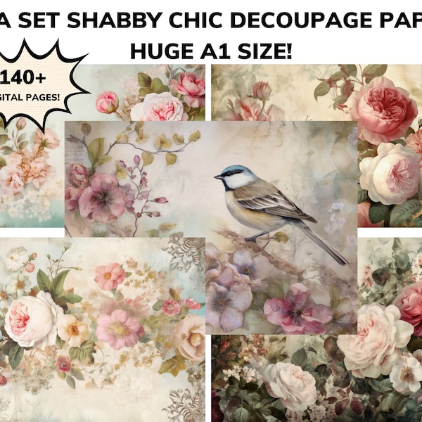 140+ Shabby Chic Flower Floral Decoupage Modpodge A1 Size Digital Papers HUGE Prints Scrapbooking Junk Journals Wall Art Crafting