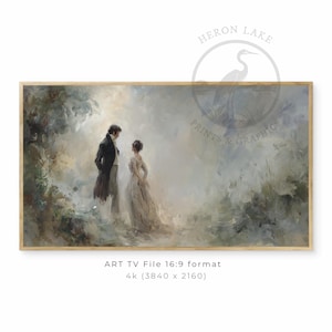 Puede incluir: Impresión digital enmarcada de una escena romántica con un hombre y una mujer con ropa de época. La obra de arte está en tonos suaves y apagados con un fondo claro. El texto "HERON LAKE PRINTS & GRAPHICS" está en la esquina superior derecha. El texto "ART TV File 16:9 format 4k (3840 x 2160)" está en la parte inferior.
