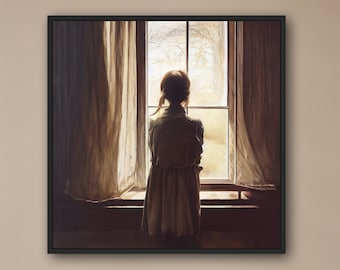 Auburn Haired Girl Looking Out a Window Printable Art Print | Rustic Farmhouse Print | Digital Art | Instant Download | Printable Art