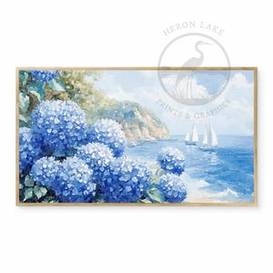 Watercolor Blue Hydrangeas & Sailboats, Soft Bright Blue Tones, Samsung Gallery Frame Art TV or Gallery TV 4k 16:9 Art for Television