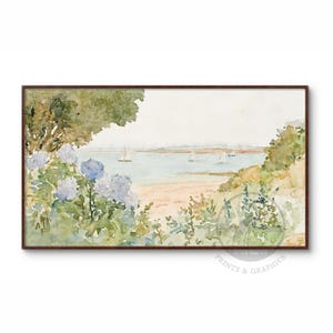 Watercolor Blue Hydrangeas & Sailboats, Soft Neutral Tones, Samsung Gallery Frame Art TV or Gallery TV 4k 16:9 Art for Television