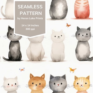Aquarell Kätzchen und Schmetterlinge nahtlose Muster, Print on Demand, kommerzielle Nutzung, Verwendung für den Druck von Textilien, Papierhandwerk, Kinderzimmerdekor