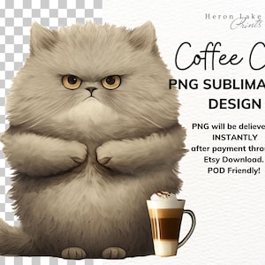 Café Chat Sublimation Clipart, Format PNG, Cartes d’invitation Sublimation Stationary Wall Art Junk Journals Mugs T-Shirts