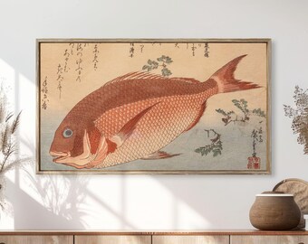 オレンジ色の魚の木版画：フレームテレビ用ヴィンテージ日本美術