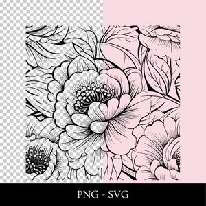 Modèle sans couture de pivoines d’art au trait, SVG et PNG, avec fond transparent, pour l’artisanat, la sublimation, les tasses, les textiles et les tissus, vecteur