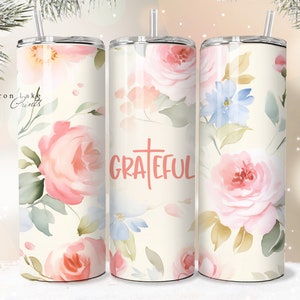 Dankbar, Shabby Chic Floral Christian Jesus Tumbler Wrap PNG 20 oz Straight Tumbler Sublimation PNG Download Seamless