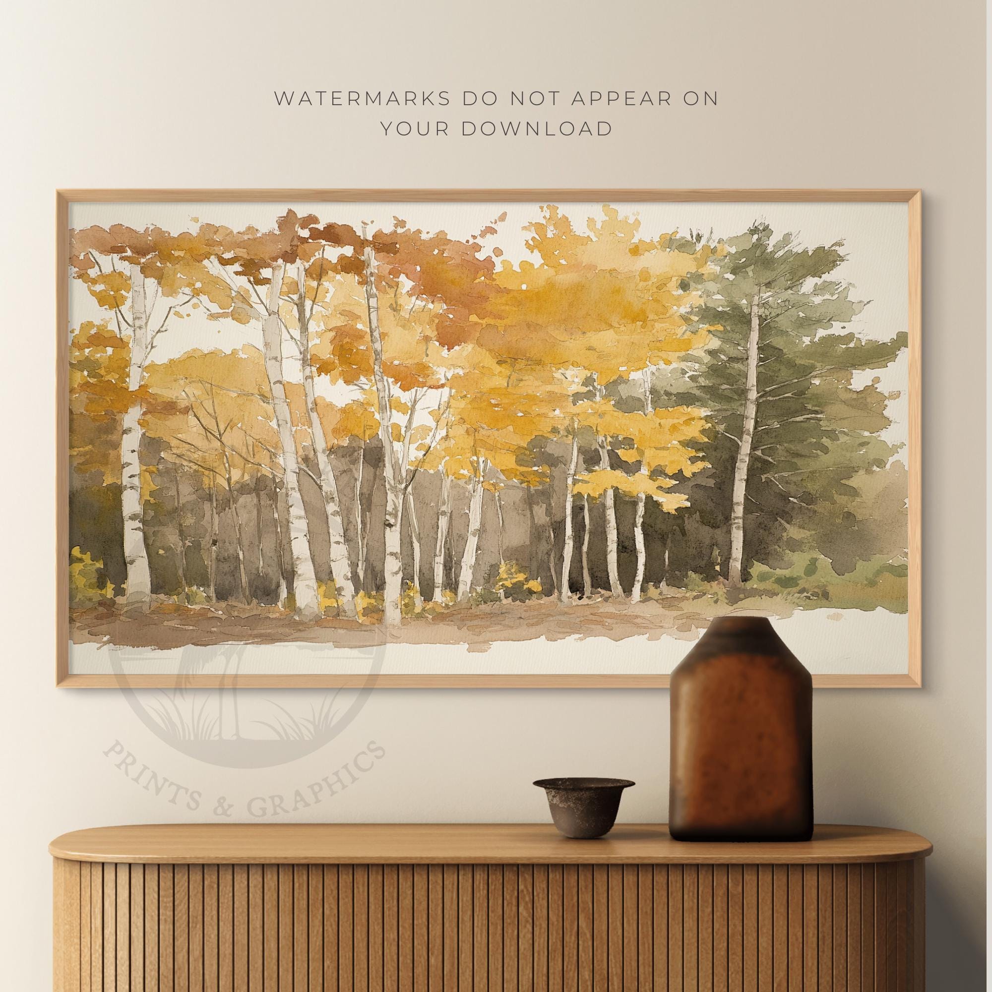 秋の白樺林の水彩画（テレビ用）（デジタルダウンロード） - Etsy 日本