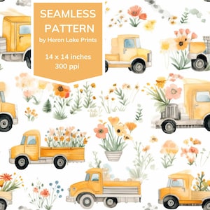 Camion e fiori gialli, colori pastello, piastrelle con motivi ripetuti senza soluzione di continuità, camion retrò, scarica modello di progettazione di costruzione per l'artigianato