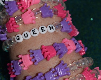 Queen Reina Royalty Pink Purple Feminine Plur Festival Rave Stretch Beaded Bracelets Boho Iridescent Crown Corona bulk gift favors trading