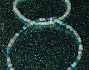Mint & Teal Bracelet/ Anklet Set Blue Green Beachy Mermaid Sea Glass beaded boho Turquoise pastel stretch hippie soft pastel kawaii festival