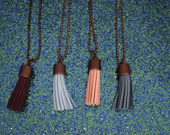 Set of 4 Tassel Necklaces! Boho Simple Minimal Antique Bronze Teal Brown Tan Beige Long Dangly Necklace Charm Pendant EVeryday Jewelry Gift