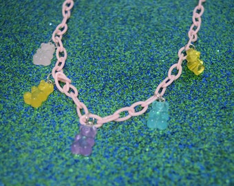 Gummy Bear Chain Necklace Pastel Pink Blue Yellow Kawaii eclectic alternative Candy Street fashion aesthetic Statement necklace baby pink