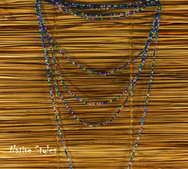 78Peacock Confetti Beaded Necklace,Hippie Bohemian Seed Bead Necklace,Wrap Necklace,Dainty Beaded Ocean Shimmering,Hippie Layered,No Clasp