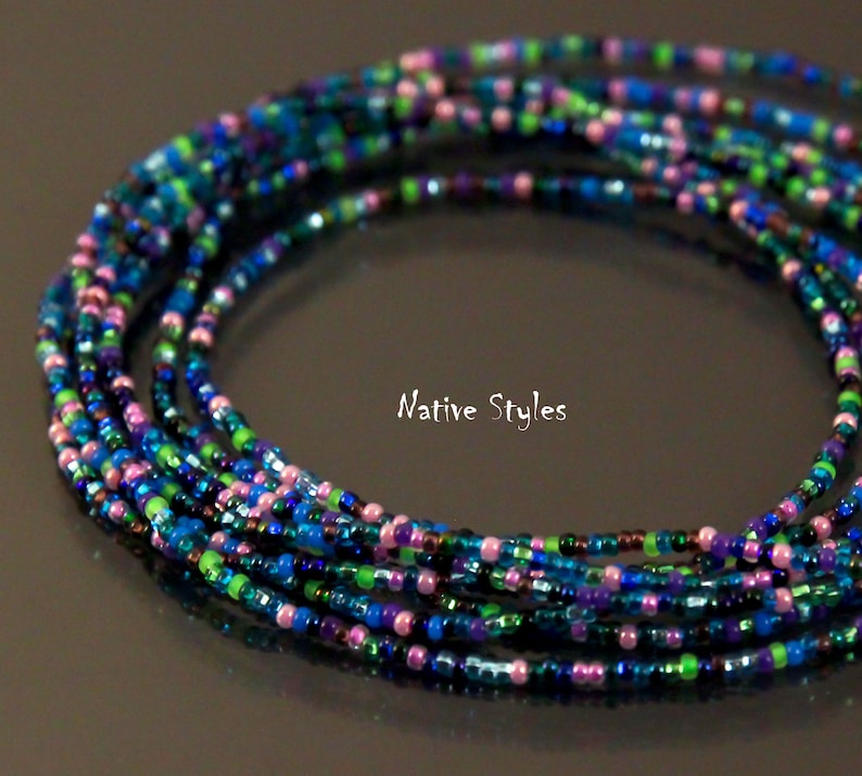 78Peacock Confetti Beaded Necklace,Hippie Bohemian Seed Bead Necklace,Wrap Necklace,Dainty Beaded Ocean Shimmering,Hippie Layered,No Clasp