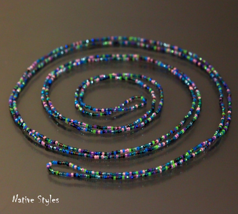 78Peacock Confetti Beaded Necklace,Hippie Bohemian Seed Bead Necklace,Wrap Necklace,Dainty Beaded Ocean Shimmering,Hippie Layered,No Clasp