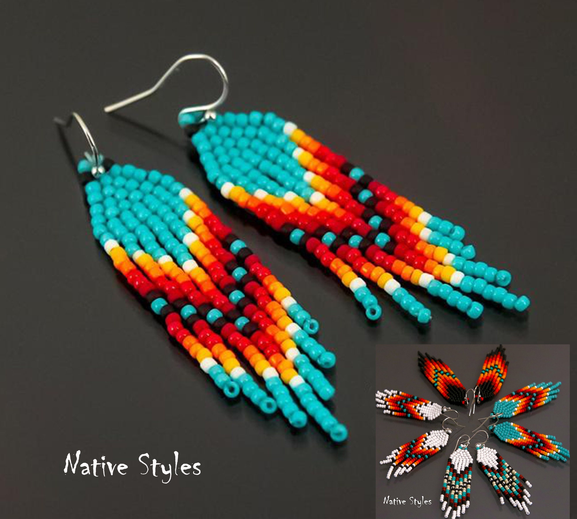 WHITE RED GOLD SEED BEADS BUTTERFLY BEADED NATIVE STYLE INSPIRED EARRINGS