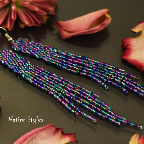 5,5"Confetti Peacock Seed Bead Earring~Native Confetti Blue Emerald Green~Hippie Chic~Glamorous Fancy Fringe~Dark Purple Sparkling Mermaid