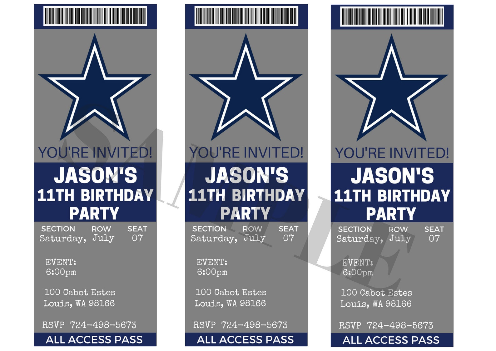Dallas Cowboys Birthday Ticket Party Invitations... Custom | Etsy