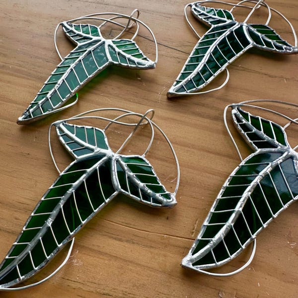 Leaf suncatcher - Handmade green and silver Elven cloak broach stained glass suncatcher