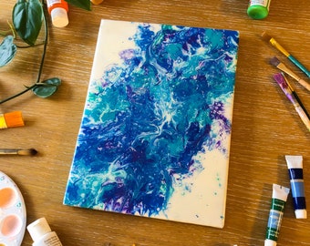 Pintura acrílica fluida azul, acabado en resina, arte abstracto moderno, 8x10