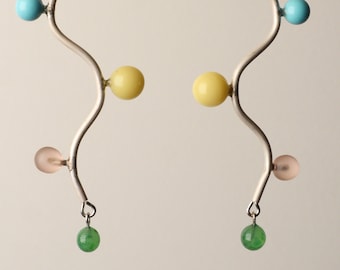 Sterling silver earrings. Long squiggle earrings with blue, turquoise, pink, creamy yellow + moss green vintage balls. OOAK.  Memphis design